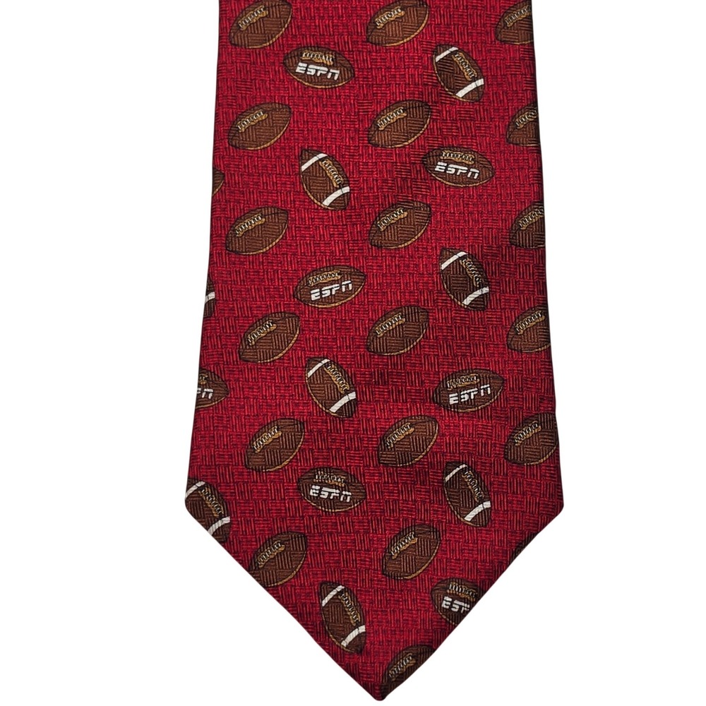 ESPN Mens Red‎ Football Pattern Silk Necktie Sports Fan Novelty Accessory